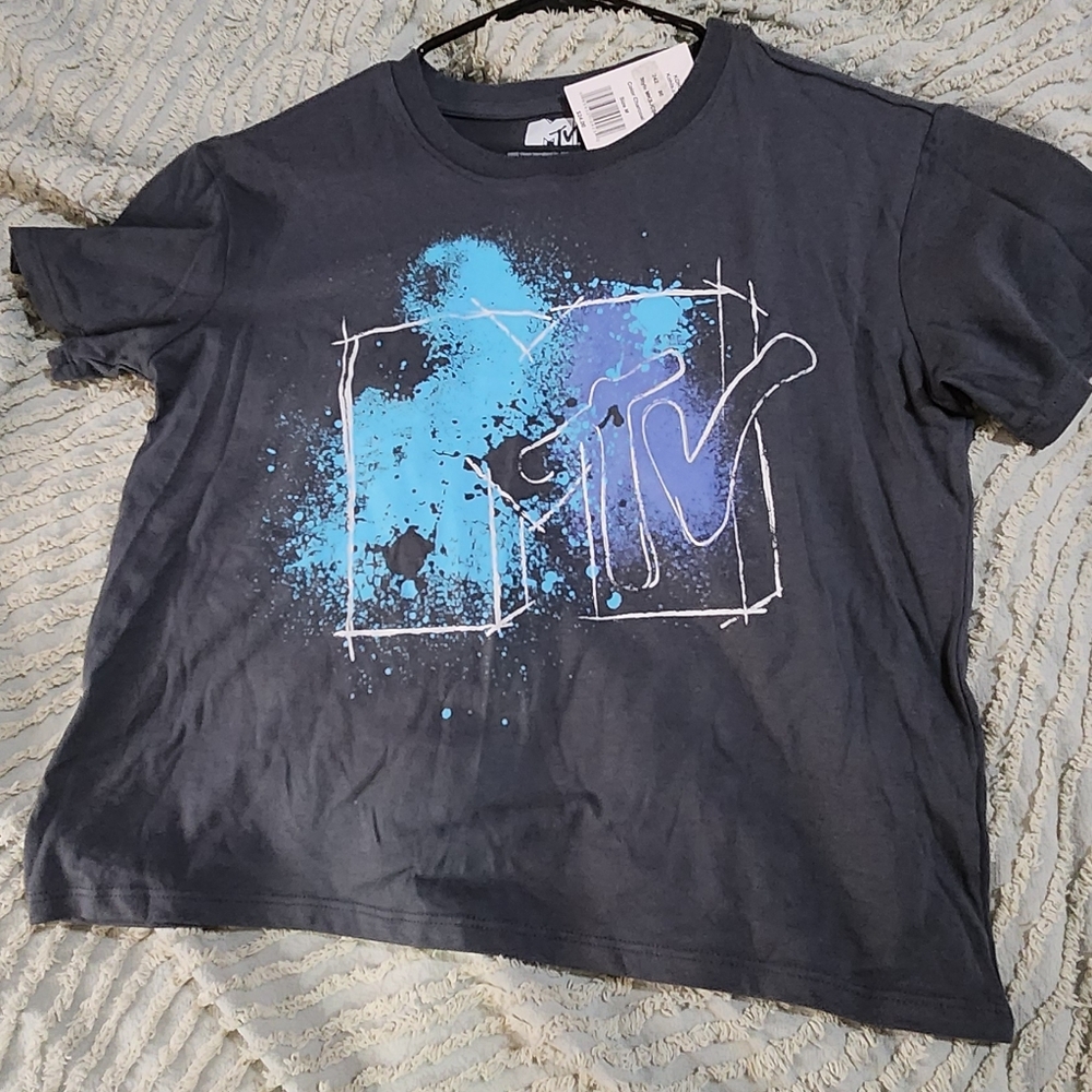 MTV Splatter Graphic Tee - Dark Gray and Light Blue